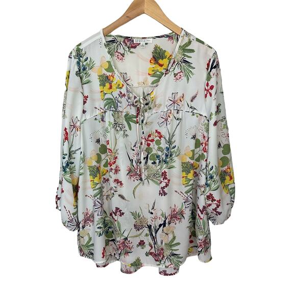 Spense Womens Pullover Blouse Floral‎ Balloon Sleeve Size 1X HiLo Hem Tie Front - Picture 1 of 8
